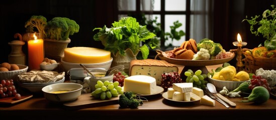 Obraz na płótnie Canvas cozy background of a home a beautifully set table boasted a delectable spread of healthy cuisine green vegetables yellow cheese and creamy cake It was a gourmet meal fit for a food lover