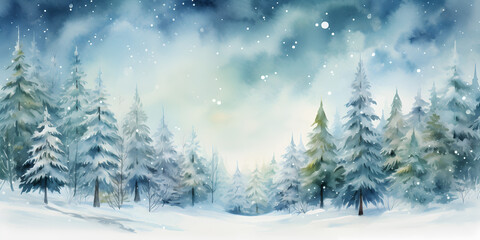 Fototapeta na wymiar Watercolor illustration of pine tree forest with snow, abstract background