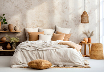 Bed with terra cotta pillows against beige stucco wall. Boho interior design of modern bedroom.