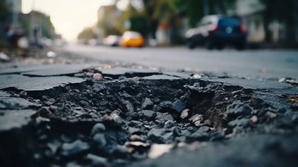 Damaged City Street: Close-Up of Potholes in Asphalt Pavement. Generative ai - obrazy, fototapety, plakaty