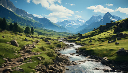 Fototapeta na wymiar Majestic mountain range, tranquil meadow, green forest, flowing water generated by AI