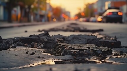 Damaged City Street: Close-Up of Potholes in Asphalt Pavement. Generative ai