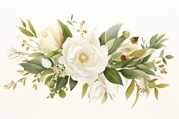 Watercolor floral drawing with white flowers, roses, and peonies. Green and gold leaf border for weddings, fashion, and more. Eucalyptus and olive leaves. Generative AI