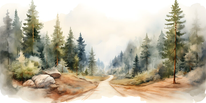 Watercolor illustration of pine tree forest with a road, abstract background