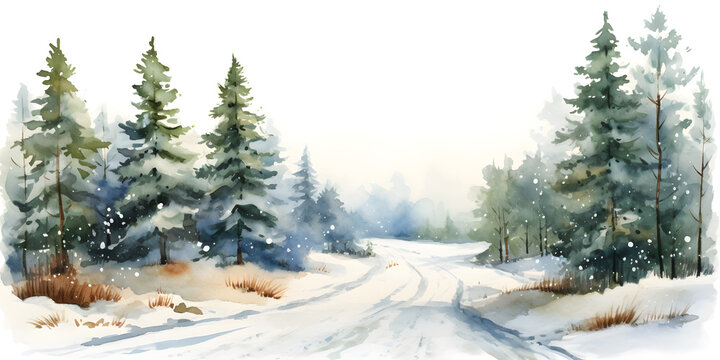 Watercolor illustration of pine tree forest with a road in winter, abstract background