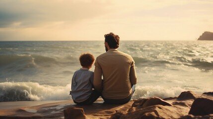 Father and Son Sitting Together by the Sea Shore. Generative ai