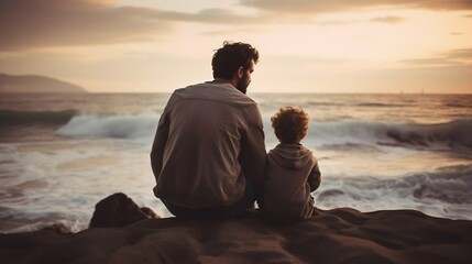 Father and Son Sitting Together by the Sea Shore. Generative ai - Powered by Adobe