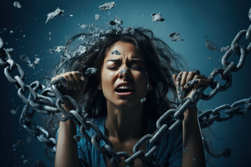 powerful shot of a person breaking a chain symbolizing stigma surrounding mental health, conveying the message of empowerment and the need to break barriers