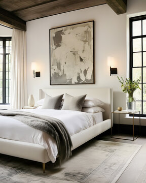 French country interior design of modern bedroom in farmhouse.
