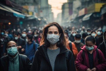 Fototapeta na wymiar person wearing a protective mask in a crowded urban setting, highlighting the individual actions needed to mitigate the spread of infections
