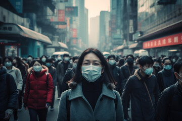 thought-provoking image of a person wearing a protective mask in a crowded urban setting, symbolizing the collective responsibility and individual actions needed to mitigate the spread of infections - obrazy, fototapety, plakaty
