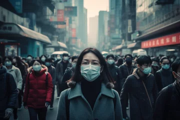 Fotobehang thought-provoking image of a person wearing a protective mask in a crowded urban setting, symbolizing the collective responsibility and individual actions needed to mitigate the spread of infections © Thilo