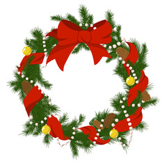 Fototapeta na wymiar Winter christmas firry wreath with red ribbon, bow, beads, bolls and bumps