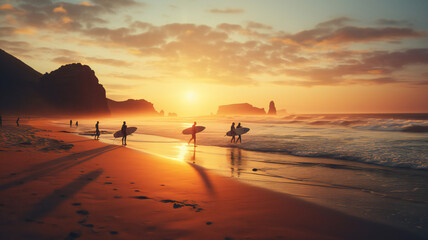 Red sunset at the ocean. Seaside, coast of surfer people carrying their surfboards on sunset beach. Travel, vacation concept