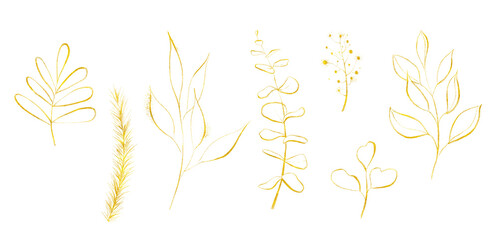 Golden texture Christmas set of evergreen twigs. Yellow colours. Cut out hand drawn illustrations drawing. - obrazy, fototapety, plakaty