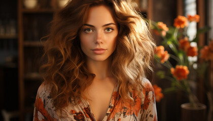 Fototapeta premium A beautiful young woman with long brown hair smiling at camera generated by AI