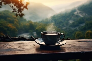 A cup of tea emitting a pleasing aroma, set against a scenic backdrop