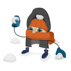 Winter cute comical character. A boy plays snowballs.