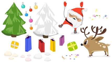 Winter objects and cute characters set. Drunk Santa Claus. Young deer