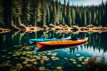 A pair of kayaks on a remote, untouched wilderness lake, awaiting adventure