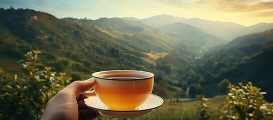 Holding a cup of aromatic tea against a scenic backdrop - Powered by Adobe