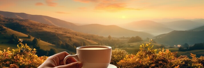 A hand cradling a cup of tea, its soothing aroma wafting against a landscape