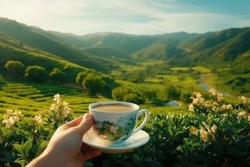 Photo sur Plexiglas Mont Cradle A hand cradling a cup of tea, its soothing aroma wafting against a landscape