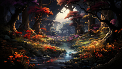 Mysterious autumn forest painted with dark, multi colored acrylic colors generated by AI