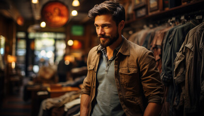 Obraz premium A fashionable young man with confidence and elegance, indoors, smiling generated by AI