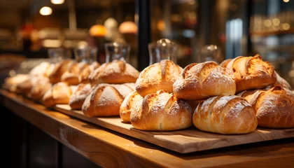 Foto op Plexiglas Freshly baked bread on wooden table, a gourmet delight generated by AI © Jemastock