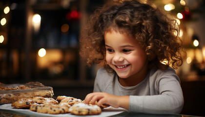 Naklejka premium Smiling child enjoying a cookie in the kitchen generated by AI
