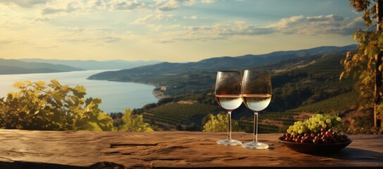 Wine positioned against the stunning backdrop of a landscape - obrazy, fototapety, plakaty