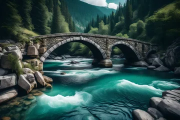 Foto auf Alu-Dibond An ancient, weathered stone bridge spanning a mountain river © Fahad