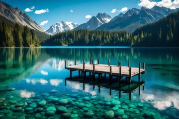 A wooden pier stretching out into the heart of a crystal-clear mountain lake