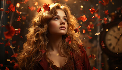 Naklejka premium A beautiful young woman with long blond hair and elegance generated by AI