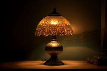 an illuminated lamp on a tabletop. Generative AI