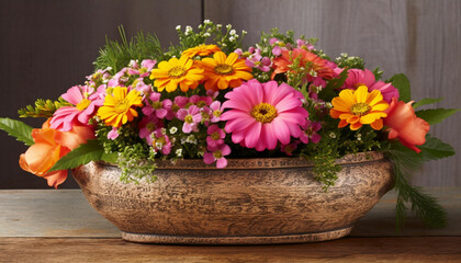 Vibrant bouquet of multi colored gerbera daisies in rustic flower pot generated by AI