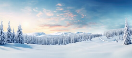 The breathtaking Christmas landscape was adorned with a snowy white forest where the tall trees and lush green mountains stood against the wintry backdrop creating a serene and magical scene