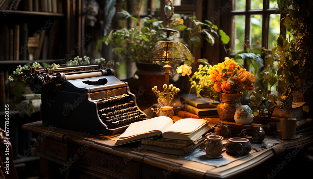 Poster old fashioned typewriter on antique table in rustic library with bookshelf generated by ai