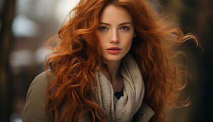 Fototapeta premium Young adult woman with long brown curly hair, looking at camera generated by AI