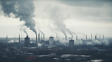 Sunlit factory emitting smoke, contributing to air pollution. - obrazy, fototapety, plakaty