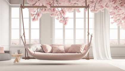 Cozy armchair in modern living room with pink floral pillow generated by AI