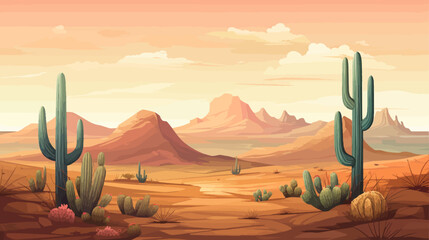 Desert landscape with mountains and sand. Vector illustration in cartoon style