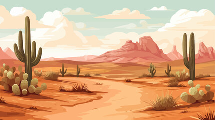 Desert landscape with mountains and sand. Vector illustration in cartoon style - obrazy, fototapety, plakaty