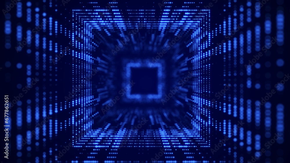 Poster technology wireframe square tunnel on blue background. futuristic 3d wormhole grid. big data visuali