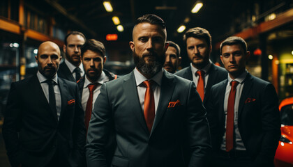 Confident businessmen in suits walking together in city generated by AI