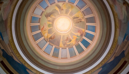 Ornate Gothic basilica with stained glass and gold iconography inside generated by AI