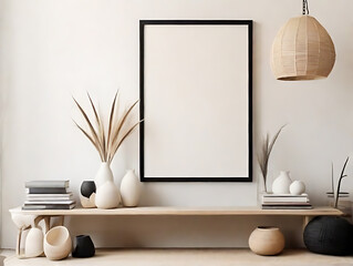 Large black empty mock-up poster frame positioned vertically over a wooden seat filled with books and vases on a white stucco wall. Rattan pendant light in a modern living room, Generative AI