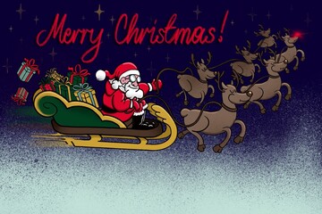 Santa Claus flies in a sleigh pulled by reindeer and scatters gifts. A Christmas card with wishes for a Merry Christmas