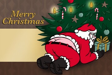 funny Santa Claus puts a gift under the Christmas tree. Christmas greeting card with comic Santa Claus.